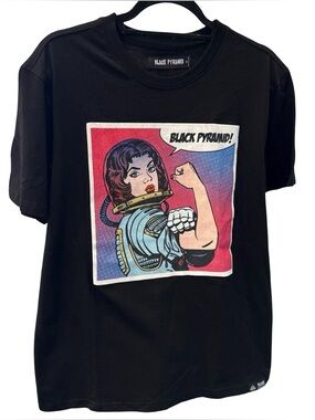Black Pyramid Tee Medium Pop Art Graphic Rosie Riveter Style EUC